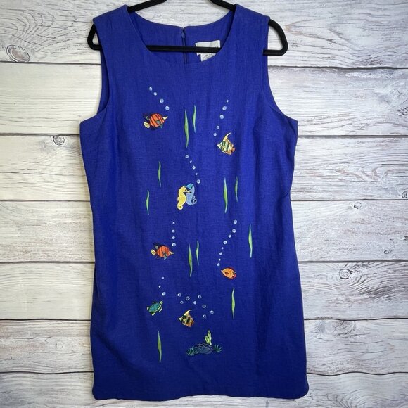 VTG 90s Ultra Dress 14 Linen Blend Fish Embroidered‎ Sleeveless Blue Nautical - Picture 2 of 16
